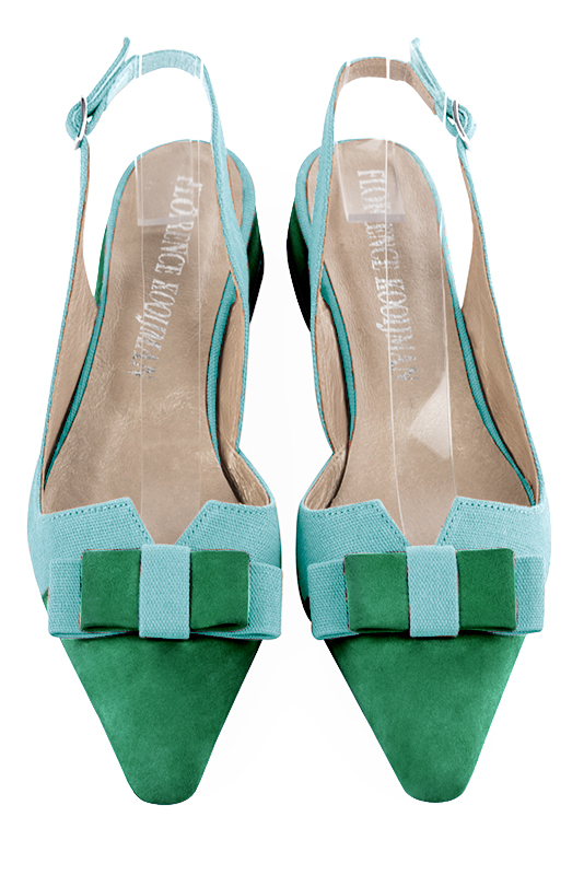 Emerald green and aquamarine blue women's open back shoes, with a knot. Tapered toe. Flat block heels. Top view - Florence KOOIJMAN